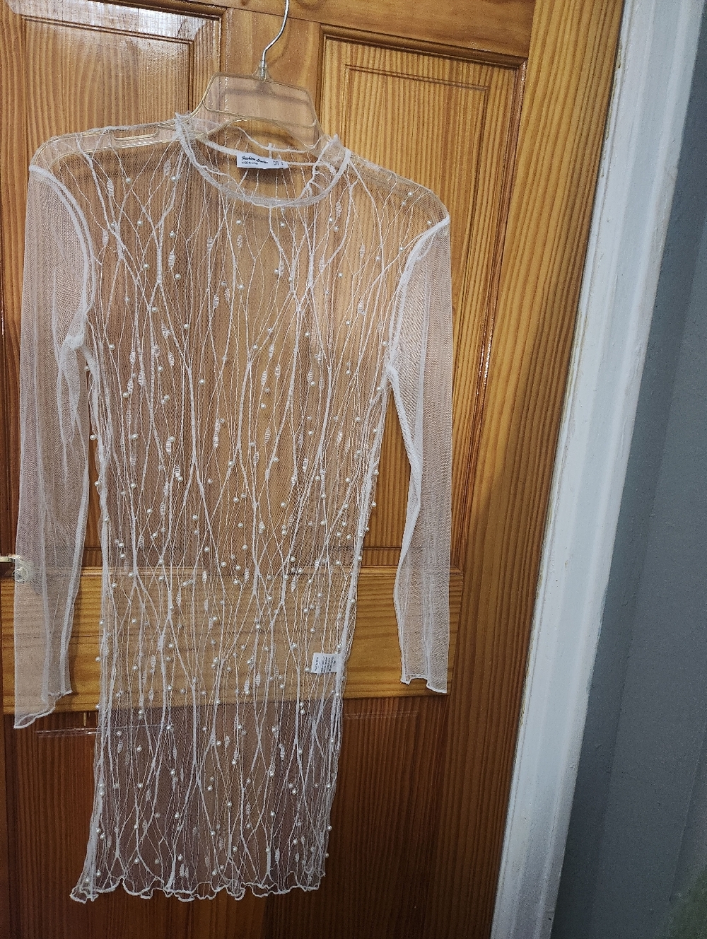 Embellished Sheer White Long Sleeve Mesh Dress